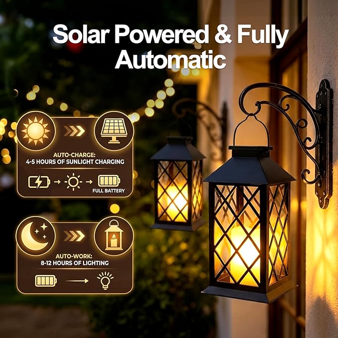 Solar Lanterns Outdoor Waterproof - 2 Pack 14" Large Hanging Solar Lantern with Glass Flickering Flame, IP65 Weatherproof Decorative Lanterns for Garden, Patio, Yard, Porch, Balcony, Gifts Mom Wife