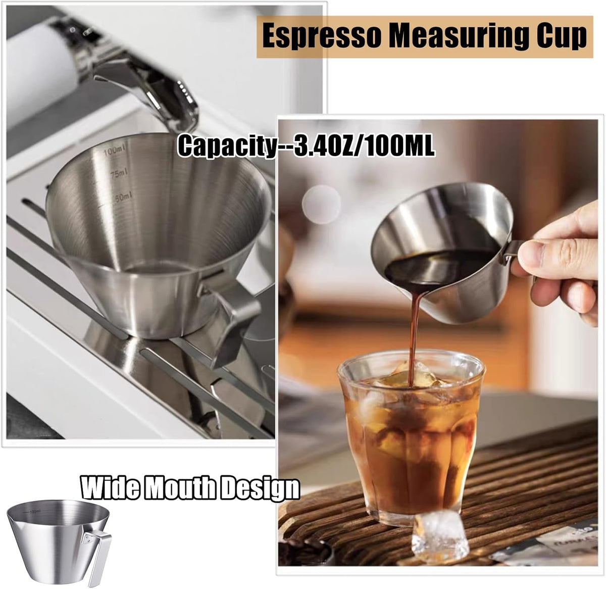 Coffee Knock Box, Large Capacity Espresso Knock Box with Non-Slip Base, Coffee Measuring Cup,Coffee Puck Knock Box Stainless Steel for Espresso Machine Coffee Grounds (Silver)
