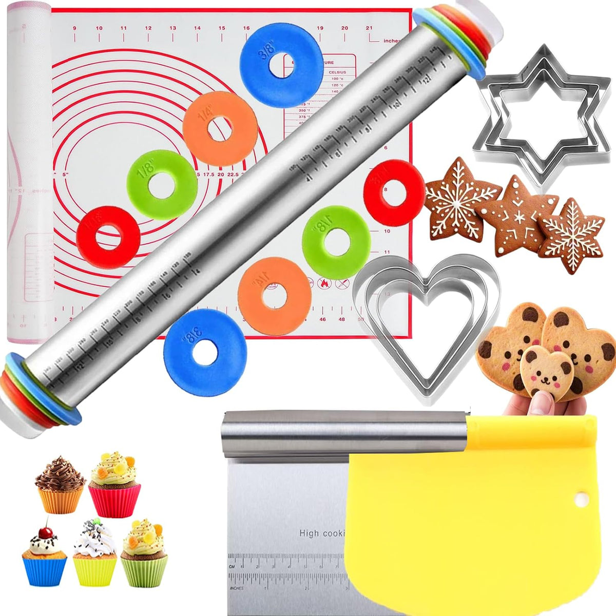Adjustable Rolling Pin 19 Baking Tool Set and Silicone Baking Pastry Mat Set,Thickness Rings