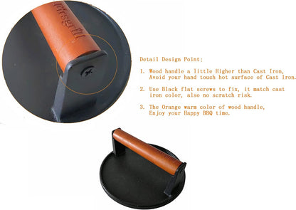 Burger Press 7.08" Round,Heavy-Duty Cast Iron Smash Burger Press Meat Steak With Wood Handle for Blackstone Camp chef Pitboss Weber Griddle Grills(Round)