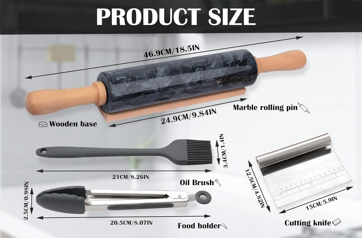Marble Rolling Pin Set with Silicone Pastry Mat,Pastry Brush,Cooking Tongs,Stainless Steel Scraper18.5 inch Polished Non-Stick Roller for Pizza Dough