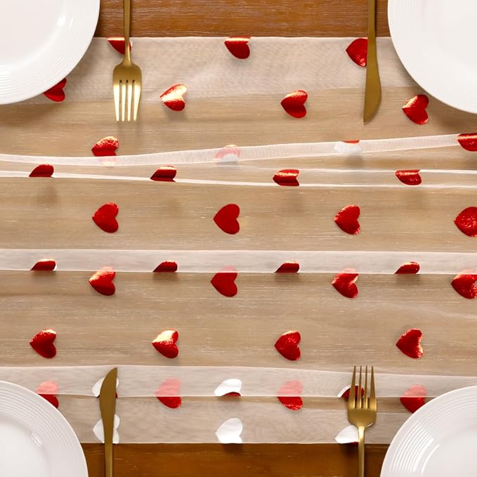 Socomi Valentine's Day Red Heart Table Runner Gauze Sheer Romantic Sequin 10FT Glitter Metallic Foil Dining Wedding Birthday Party Baby Shower Holiday Centerpiece Table Decor Beige