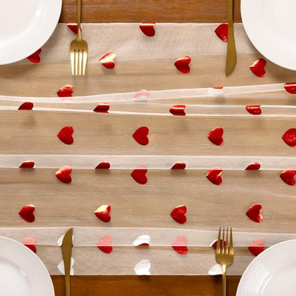 Socomi Valentine's Day Red Heart Table Runner Gauze Sheer Romantic Sequin 10FT Glitter Metallic Foil Dining Wedding Birthday Party Baby Shower Holiday Centerpiece Table Decor Beige