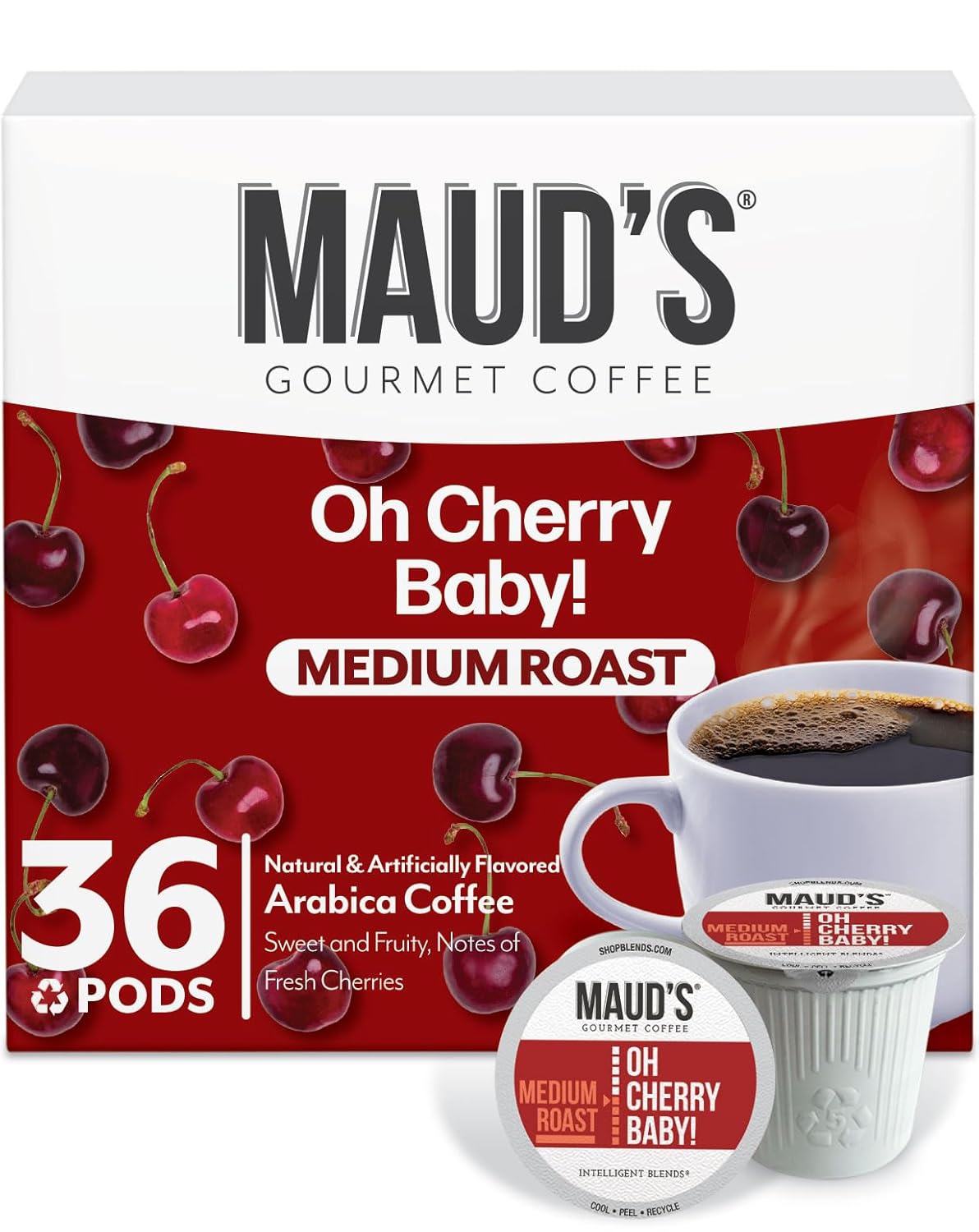 Maud's Cherry Flavored Coffee Pods, 36 ct, Medium Roast Flavored Coffee in Recyclable Single Serve Pods – 100% Arabica Beans