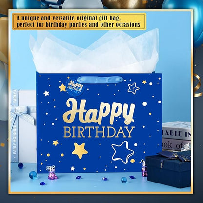 Powbrace 13" Blue Happy Birthday Gift Bag with Tissue Paper and Greeting Card for Party,Happy Birthday Gift Bag for Men Women,Gift Bags Medium size(1 PCS Blue Hot Stamping)