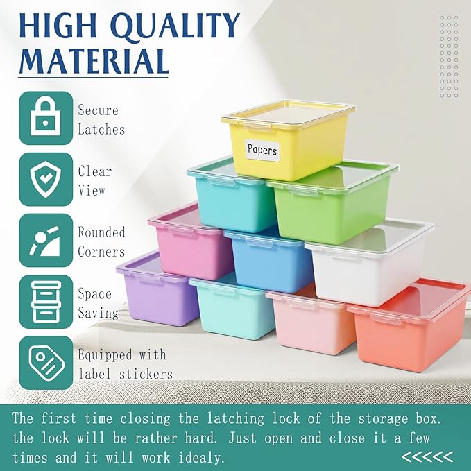 10 Pcs Cubby Bin with Clear Latching Lid Label Sticker Colored Plastic Stackable Book Storage Container for Classroom Office Home Sorting Arts Craft Desk Organizer(Macaron)
