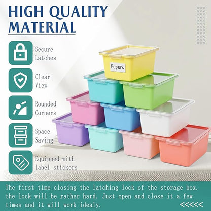 10 Pcs Cubby Bin with Clear Latching Lid Label Sticker Colored Plastic Stackable Book Storage Container for Classroom Office Home Sorting Arts Craft Desk Organizer(Macaron)