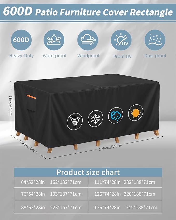 Outdoor Waterproof Furniture Cover, 136W x 74L x 28H inches Heavy Duty 600D Rectangular Table and Chair Set Protection, Black
