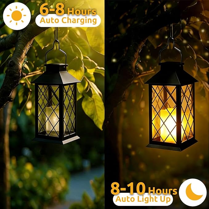 14" Large Tempered Glass Solar Lanterns Outdoor Waterproof, Hanging Solar Lights with Flickering Flameless Candles, Retro Solar Lantern for Wall Porch Patio Table Garden Decoration (Black)