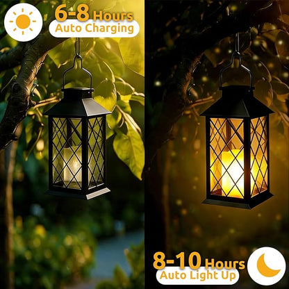 14" Large Tempered Glass Solar Lanterns Outdoor Waterproof, Hanging Solar Lights with Flickering Flameless Candles, Retro Solar Lantern for Wall Porch Patio Table Garden Decoration (Black)