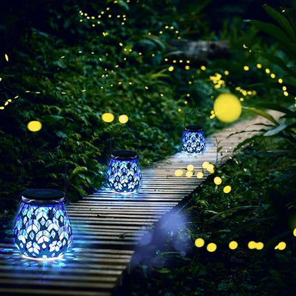 Bshine Mosaic Solar Lantern Outdoor Hanging Waterproof, Blue Mosaic Light Indoor Decorative Table, Garden Decor for Yard Outside, Path, Courtyard, Lawn, Outdoor Decor Gift for Mom