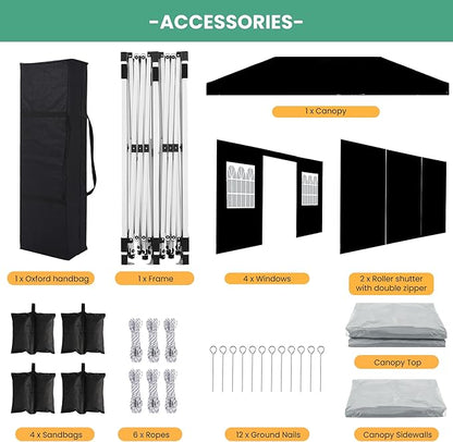 10x20 Pop Up Canopy Party Tent with 6 Sidewalls, Outdoor Wedding Party Tent Waterproof UV50 Commercial Canopy Event Shelter Gazebo Tents for Parties, 6 pcs Weight Bag,Carry Bag,Black