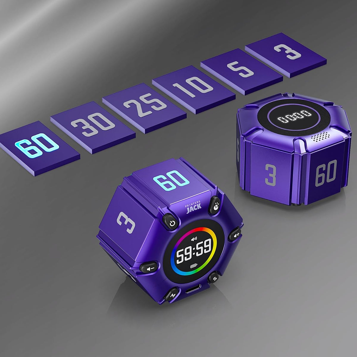 Printers Jack, Productivity Cube Timer, Visual Pomodoro Timer, Mute & Vibration & Adjustable Sound Alert, ADHD, for Office, Study, Work, 3/5/10/25/30/60min & Custom Countdown - Purple