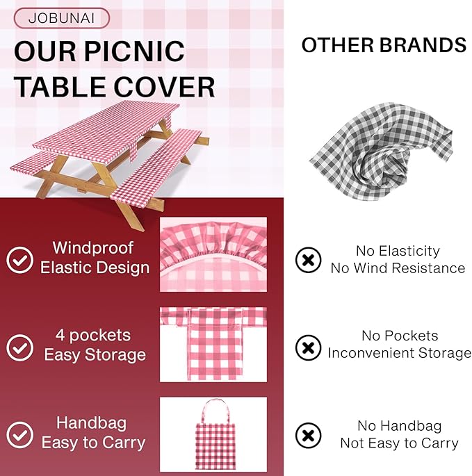 Fitted Picnic Table Cover with Bench Covers Elastic Waterproof Outdoor Camping Tablecloth for 6 Foot Rectangle Tables Camper Summer Accessories Rv Car Essentials Vacation Gifts for Men Women