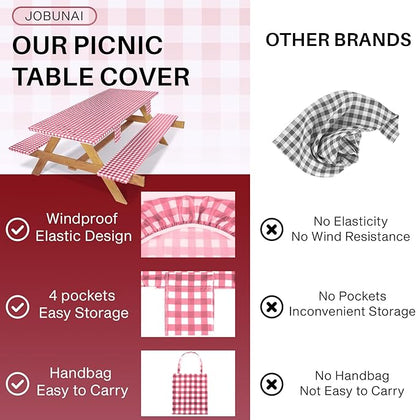 Fitted Picnic Table Cover with Bench Covers Elastic Waterproof Outdoor Camping Tablecloth for 8 Foot Rectangle Tables Camper Summer Accessories Rv Car Essentials Vacation Gifts for Men Women