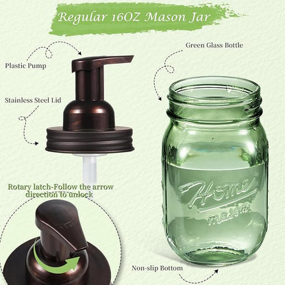 Amolliar Mason Jar Foaming Soap Dispenser, 16OZ Green Glass Hand Soap Dispenser, Plastic Pump & Stainless Steel Lid, Kitchen Dish Soap Bathroom Accessories, Farmhouse Soap Pump Bottle, Bronze 1 Pack