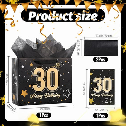 Powbrace 13" Black 30th Birthday Gift Bag with Tissue Paper and Greeting Card for Party,Happy Birthday Gift Bag for Men Women,Gift Bags Medium size(1 Black 30th)