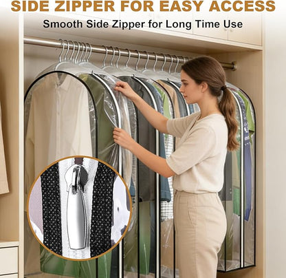 50" Clear Clothes Hangers with Smooth Side Zipper, 10" Gusseted Waterproof Garment Bags for Shirts, Coats, Dresses, Suits, 4 Pack