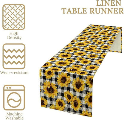 Summer Sunflower Table Runner, Sunshine Seasonal Buffalo Plaid Table Runner for Indoor Home Party Kitchen Dining Outdoor 13x70in