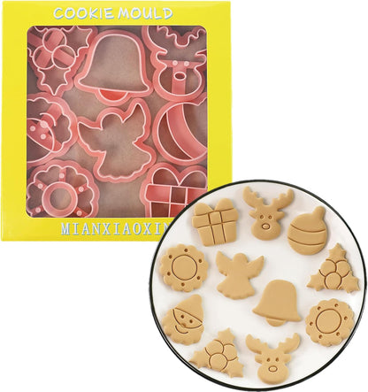 8Pcs Christmas Cookie Cutters, 3D Cookie Cutter Set, Snowman Deer Gift Cutters Cake Baking Fondant Embosser Stamps Christmas Party DIY Cake