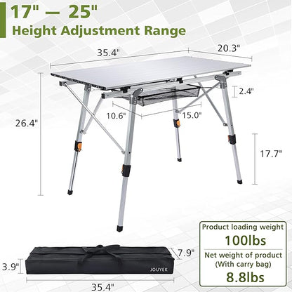 JOUYEK Folding Outdoor Camping Table with Adjustable Legs, Lightweight Aluminum Roll Up Camp Table with Carrying Bag, Mesh Storage Organizer, for Cooking, Picnic, Beach, Backyards, BBQ, Party