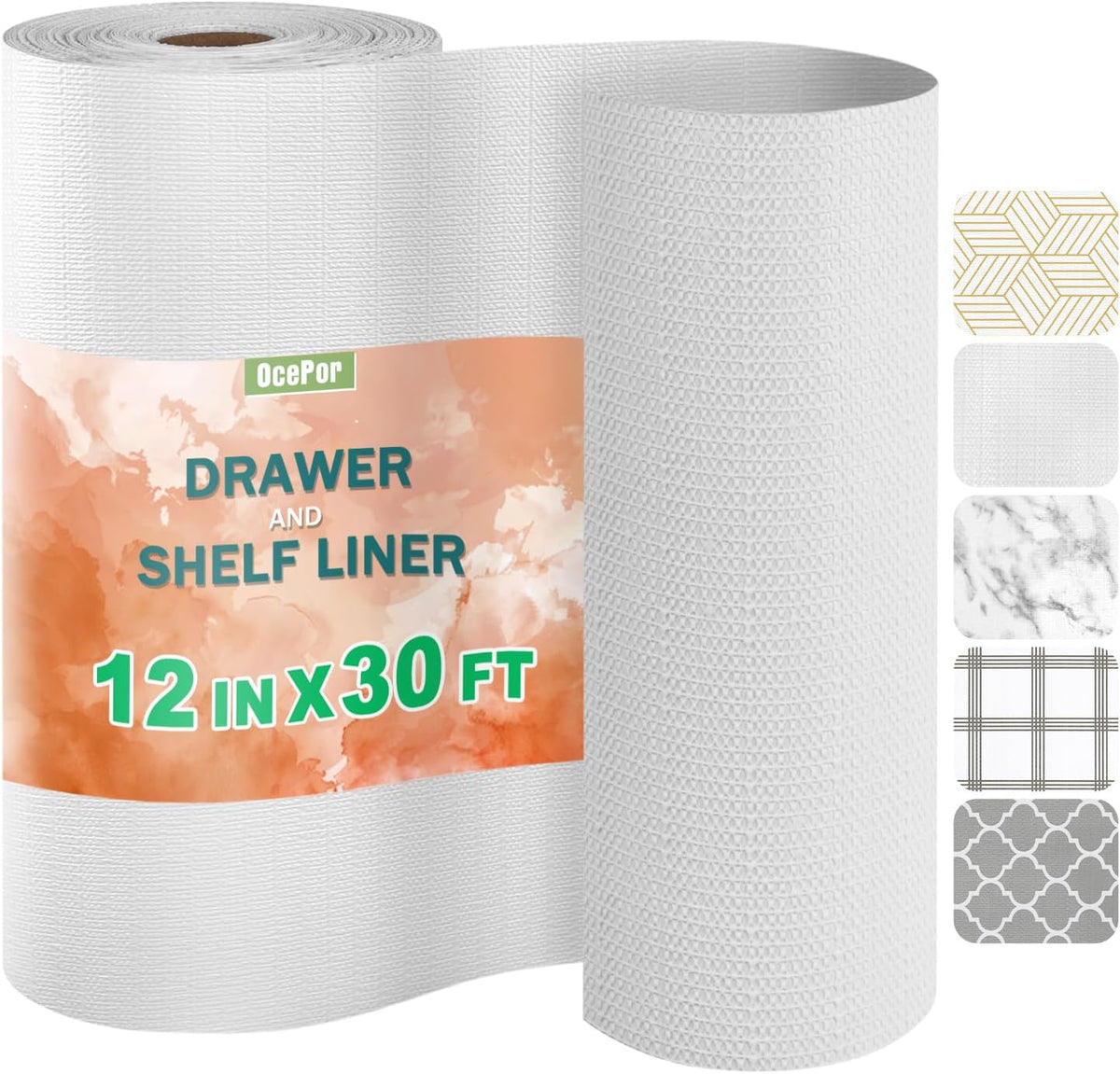 OcePor Non-Adhesive Drawer and Shelf Liner 12IN x 30FT, Non Slip Cabinet and Cupboard Liner, Kitchen Cabinet Liners for Shelves,Waterproof Drawer Shelf Liners for Cabinets/Bathroom Cupboard, White