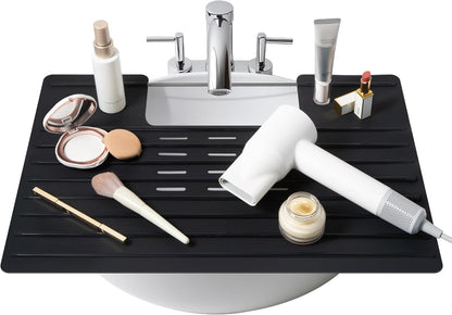 Maplefield Bathroom Sink Cover for Counter Space, Heat Resistant Silicone Sink Mat for Your Beauty Routine, Small Bathroom Space Saver Sink Cover for Makeup (Black Large, 22 x 2 x 2 Inches)