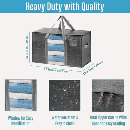 VENO 10 Pack Moving Bags with Clear Window, Heavy Duty Storage Bins with Lid, Around Handles, Tag, Zippers, Extra Large Totes Packing Moving Boxes Supplies for College Dorm Clothes (Dark Gray)