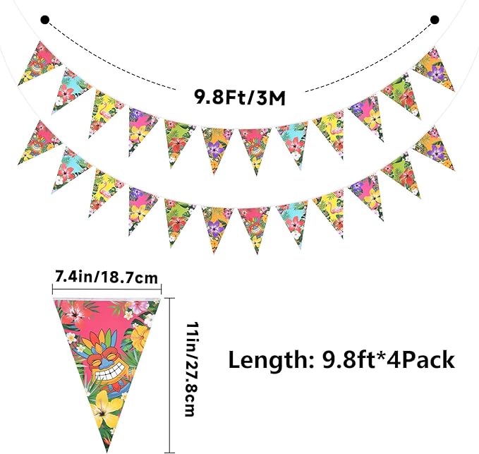 jijAcraft 4 Pack Hawaiian Bunting Banners - Pre-strung Tropical Flowers Triangle Pennant Banner with Flamingo, Floral Luau Party Decor for Hawaiian Tropical Pool Summer Tiki Beach Aloha Party Decor