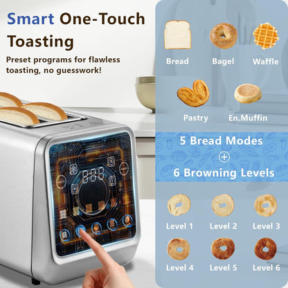Smart Toaster 4 Slice, Touch Screen, Digital Toasters with 6 Browning Levels & 5 Bread Types, Bagel, Extra Long Wide Slots, Memory Function, Timer, 1400W, Stainless Steel