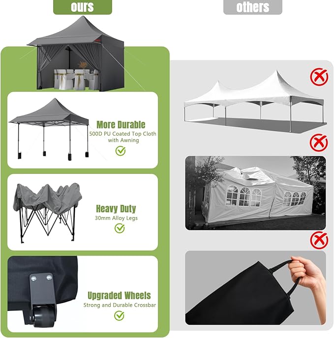 10x10 Pop Up Canopy Tent with Awning and Sidewalls, 550D Commercial Canopy, Waterproof Party Tent with Roller Bag, Grey