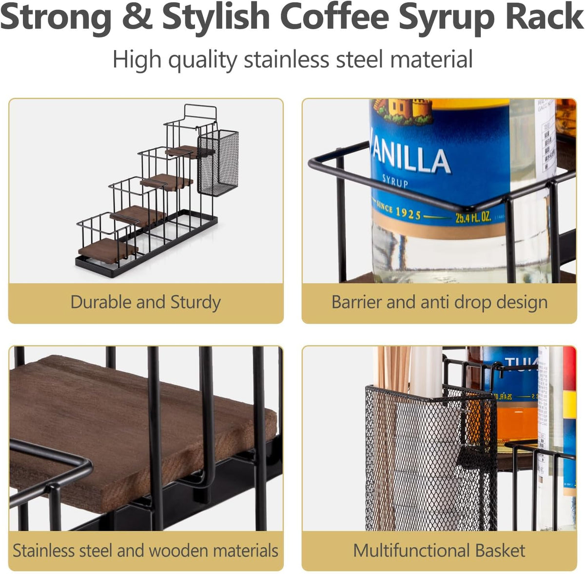 Coffee Syrup Rack Organizer, with Rustic Wood Holder Coffee Station Bar Accessory for Syrup, Wine
