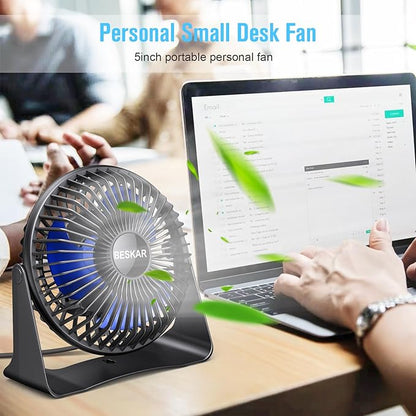 BESKAR USB Small Desk Fan, Portable Fans with 3 Speeds Strong Airflow, Quiet Operation and 360°Rotate, Personal Table Fan for Home,Office, Bedroom - 3.9 ft Cord