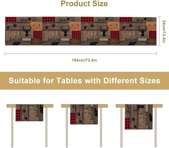 Vintage Bear Deer Table Runner, Rustic Western Farmhouse Hunting Theme Wildlife Animal Checkered Table Runner for Outdoor Dining Kitchen Camping Party 13x60in
