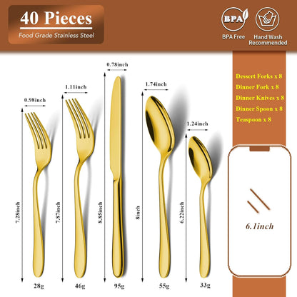 40 Piece Gold Silverware Set Service for 8, EIUBUIE Premium Stainless Steel Gold flatware Cutlery Sets, Mirror Polished Modern Kitchen Eating Utensils Sets Include Spoons Forks Knives