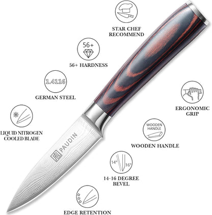PAUDIN Paring Knife, 3.5 Inch Fruit Knife, High Carbon 5Cr15Mov Stainless Steel Forged Paring Knife, Ultra Sharp Small Kitchen Knife, Ergonomic Wooden Handle with Elegant Gift Box