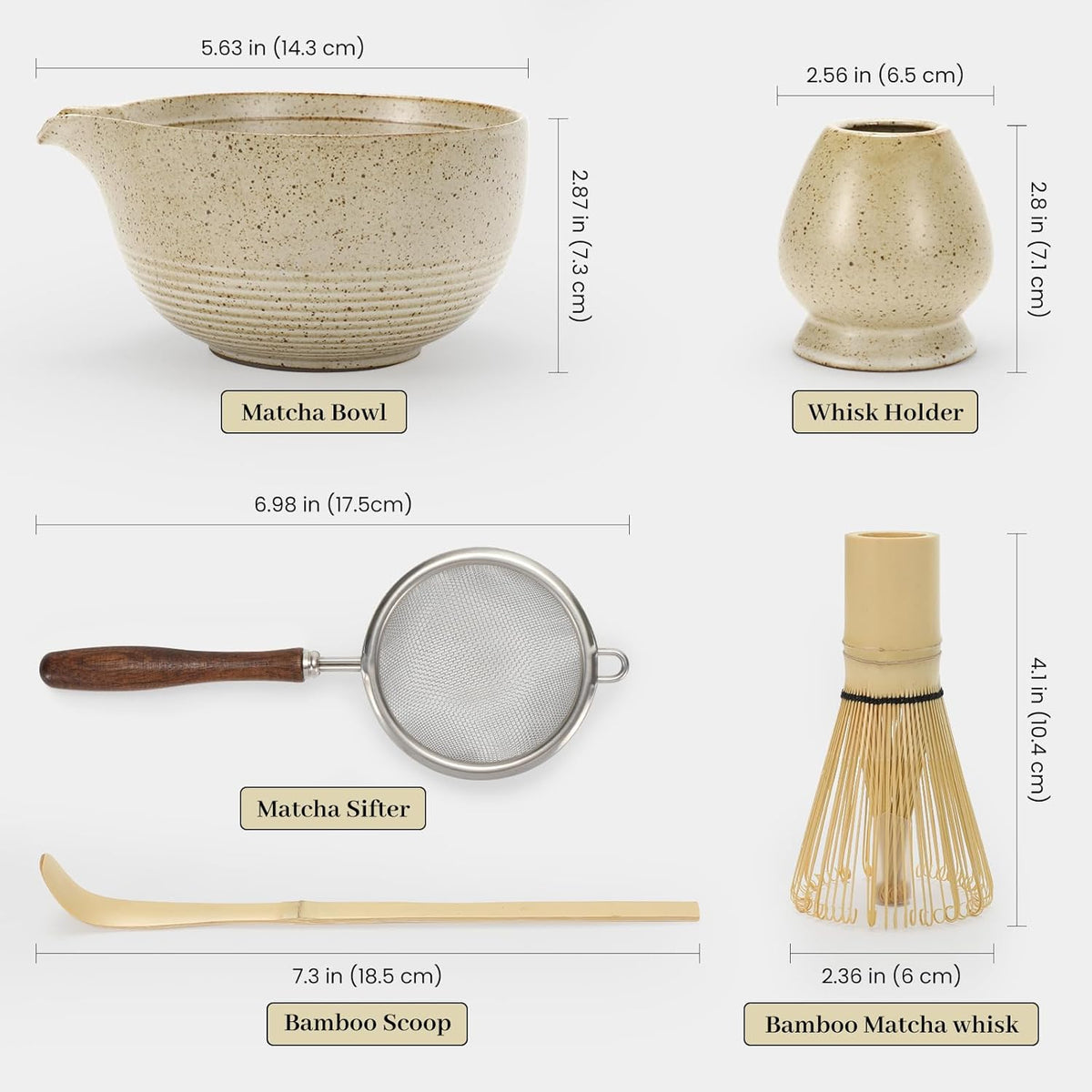 Matcha Set - Match Bowl with Spout and Whisk, 14 OZ, Matcha Scoop, Matcha Whisk and Holder, Matcha Sifter - 5pc Perfect Matcha Kit for Matcha Tea Ceremony (Mottled vintage)