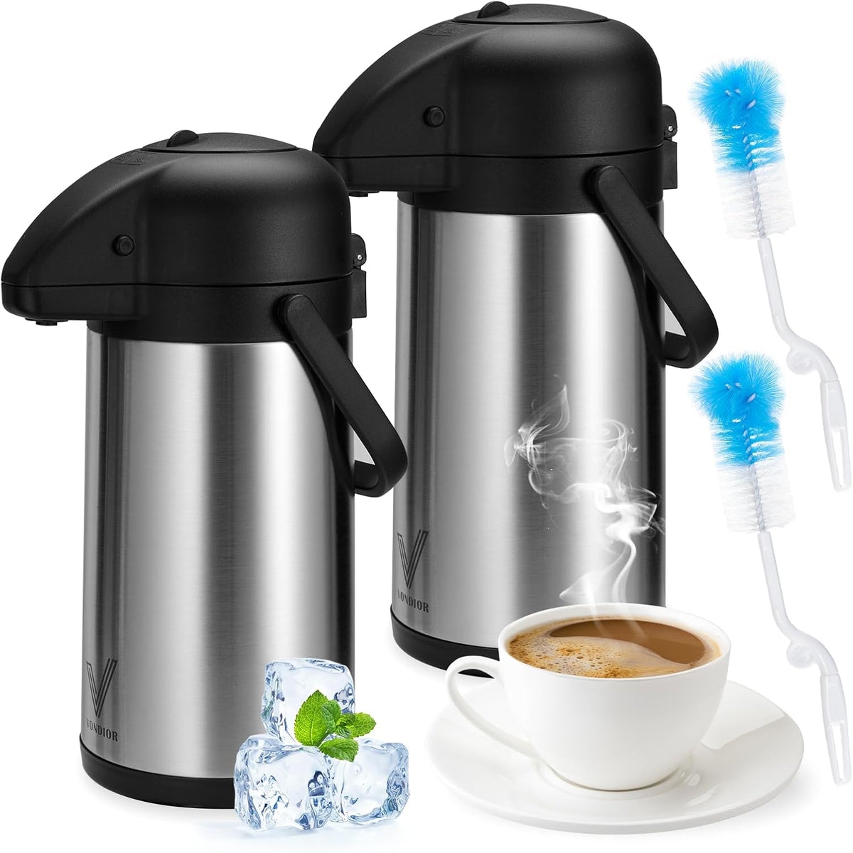 85 oz (2.5L) Coffee Carafe with Pump, 2Pcs Insulated Stainless Steel Coffee Dispenser, Coffee Carafes for Keeping Hot/Cold, Hot Beverage Dispenser for Party