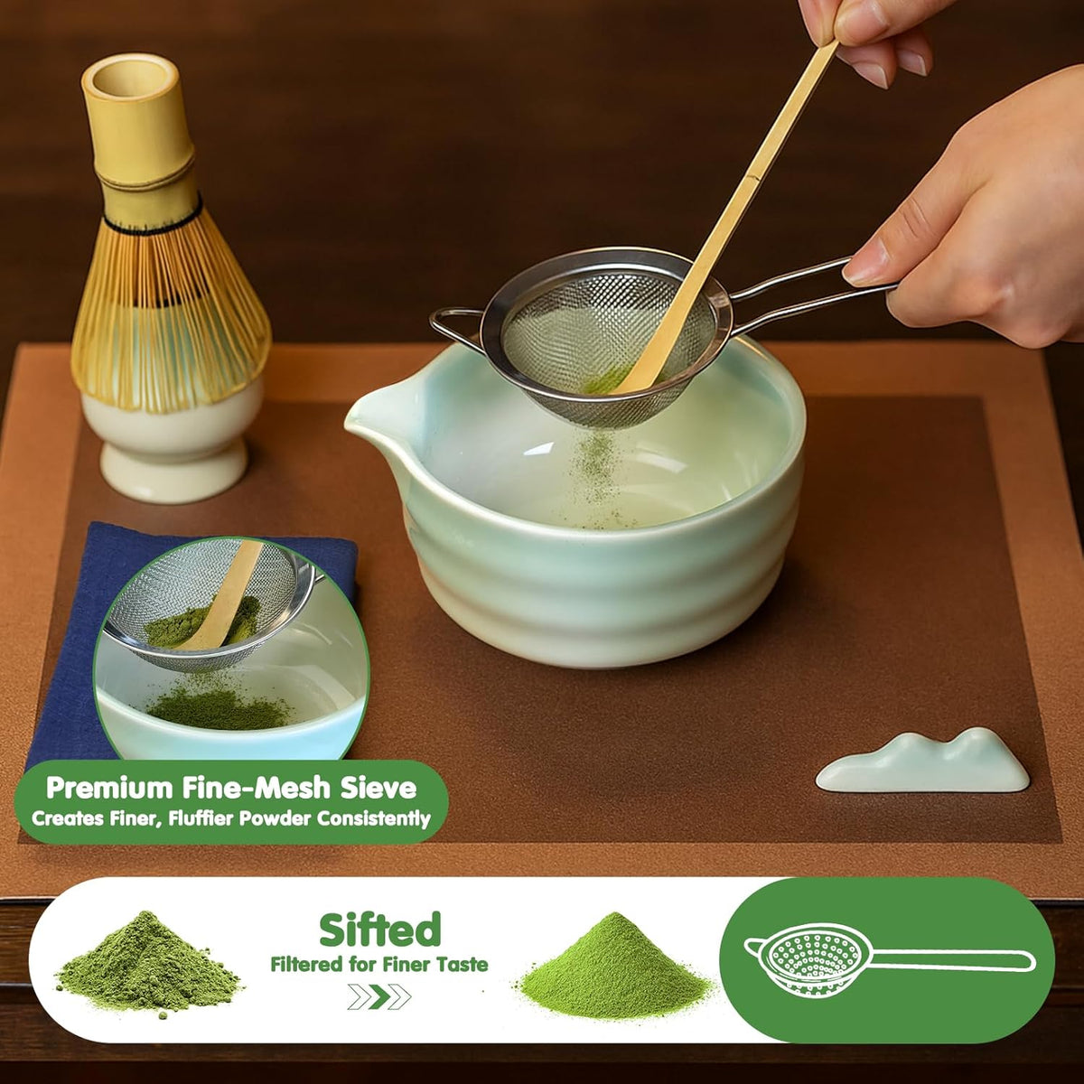 Matcha Whisk Set, 7 Pcs Ceramic Matcha Kit, Matcha Bowl with Spout, Matcha Whisk, Holder, Stainless Sifter, Bamboo Scoop and Tea Towel
