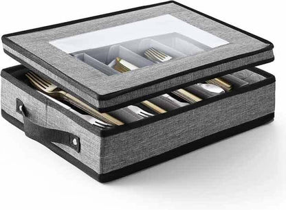 Flatware & Utensil Storage, Durable Silverware Storage Box with Padded Dividers, 5 Compartment Flatware Storage Case, Silverware Case with Handles, Protects and Organizes Cutlery, Grey