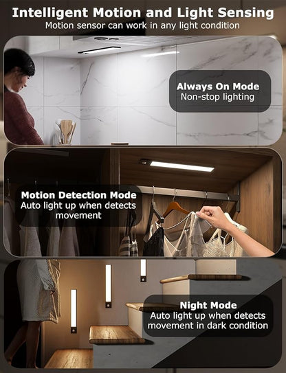 12" Ultra-Thin Under Cabinet Lighting Cordless, Aluminum Alloy Under Counter Lights for Kitchen, 3-Color-Temps Magnetic Closet Lights, Rechargeable Motion Sensor Light Indoor (8 Pack, Black)