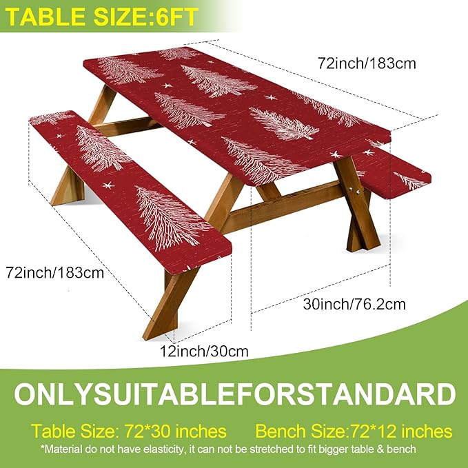 ANNA QUEEN 6FT Red Christmas Tree Picnic Table Cover Set 3PCS 72"x30", Waterproof Outdoor Bench and Tablecloth Furniture Protection for Camping Beach BBQ Patio Backyard