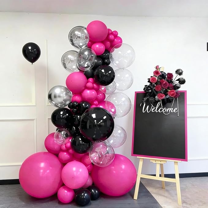 60pcs Hot Pink Black Clear Balloons Kit, 12 Inch Gothic, Glam & Princess Theme Party Balloons for Birthday, Graduation, Halloween, Mother's Day & Boho Chic Events Decorations