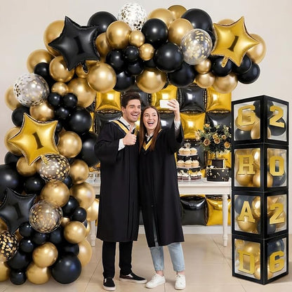 Seenelling Yellow Black 133 Pcs Graduation Decorations 2026 Set Black Gold Balloons Boxes with Letters 2026 Grad Square Foil Balloons Complete Party Supplies for High School College Celebrations