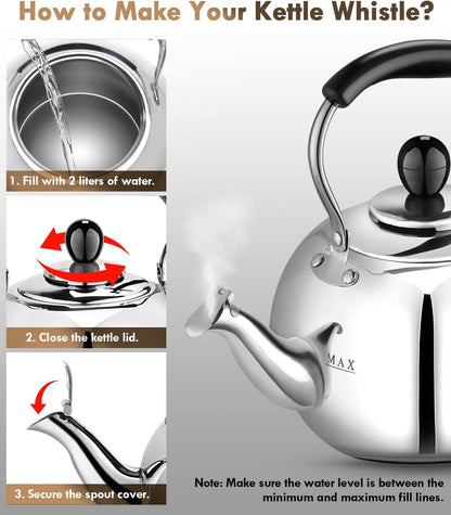 Stovetop Tea Kettle with Whistle - 2.0 Quart 18/8 Stainless Steel Tea Pot for Gas Stove &amp; Electric Coil Stovetop, Food-Safe, Easy-Pour Spout, Mirror Polished Classic Water Kettle