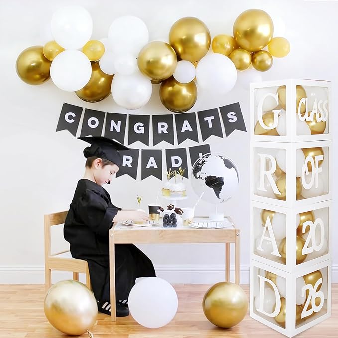 Graduation Decorations 2026,4 Pcs Transparent Balloon Boxes with Letters of GRAD,PROUD OF YOU,Class of 2026 and 130pcs White Gold Balloons Arch for High School College 2026 Grad Party Supplies