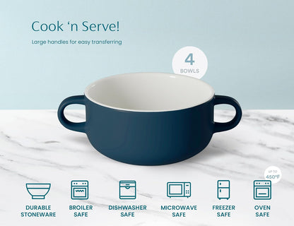 Kook Soup Crocks, Ceramic Bowls, Broil, Oven, Microwave and Dishwasher Safe, with Handles, For Casserole, Pasta, Cereal, 18 oz, Set of 4 (Navy)