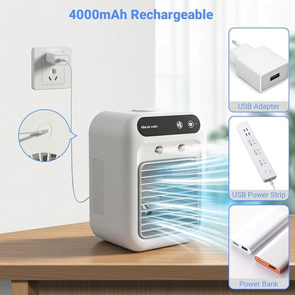 Portable Air Conditioner, Personal Cooling Fan with Humidifier, 2 Spray Modes, 2 Speeds, 4000mAh Rechargeable Battery, Quiet USB-C Small Air Conditioner for Home Office Bedroom Camping