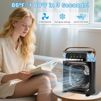 Portable Air Conditioner Fan, Mini Evaporative Air Cooler with 5 Spray Nozzles,3 Wind Speeds,3 Timers, 7 Colors LED Light,600ML Personal AC Unit Fan for Bedroom Office Camping（Black）