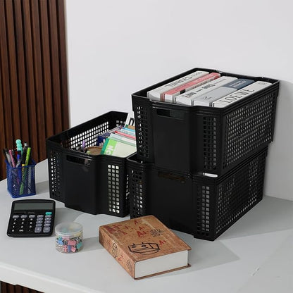 Obstnny Deep Stacking Storage Baskets, 6-Pack Plastic Stackable Laundry Organizing Basket Bin, Black